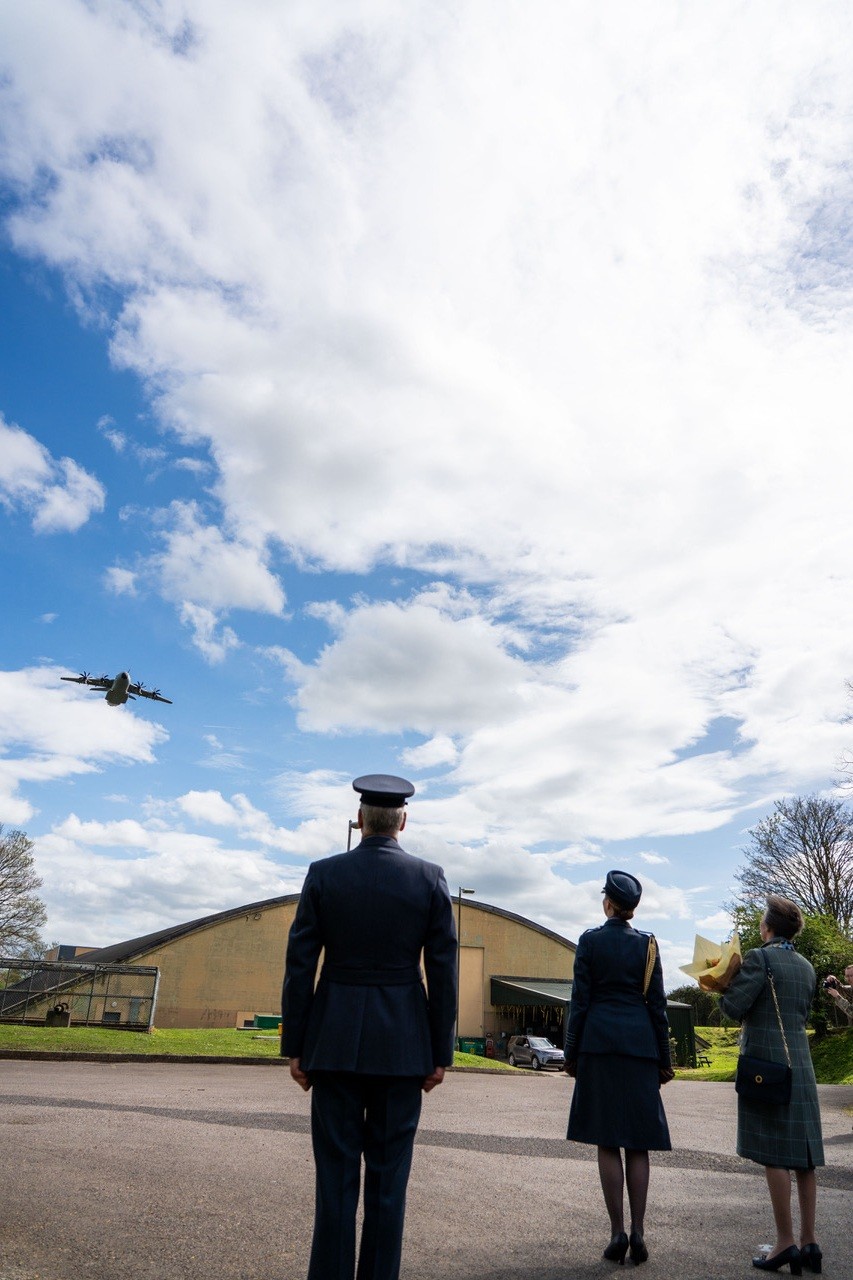 Her Royal Highness The Princess Royal watches as an RAF Atlas (A400M) aircraft provides a flypast to mark Tactical Medical Wings 30 years of distinguished service.